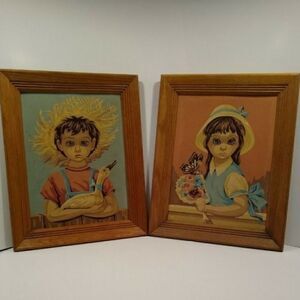 vintage paint by number Framed Picture Set Mid century Farm Boy Girl Matching